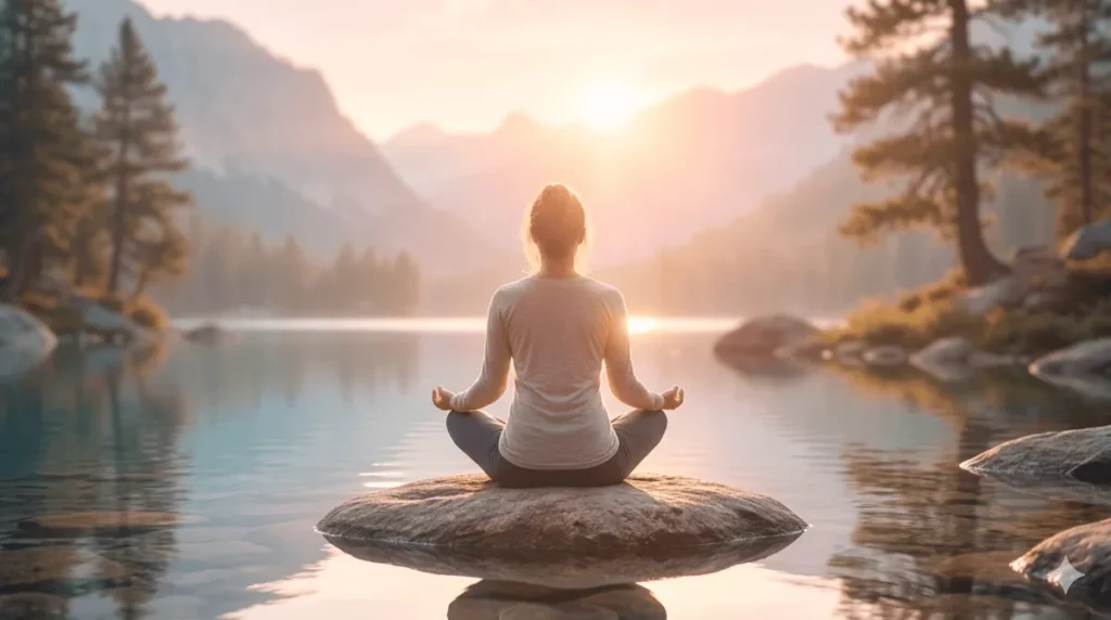 Pessoa sentada em posição de meditação diante de um lago cercado por montanhas.