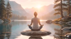 Pessoa sentada em posição de meditação diante de um lago cercado por montanhas.