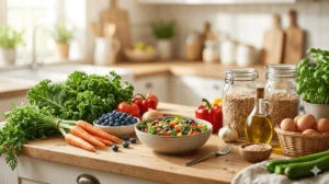 Frutas, verduras, ovos e potes de grãos organizados sobre uma bancada de cozinha.