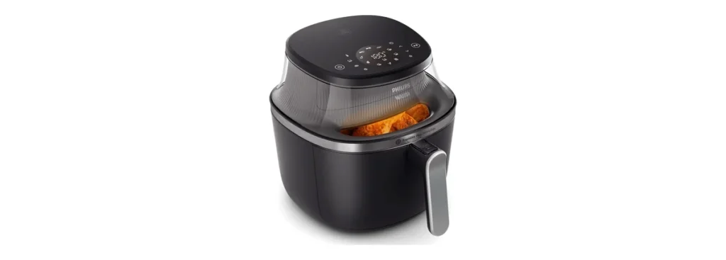 Airfryer Philips Walita NA341 preta com janela de visualização, em imagem de divulgação.