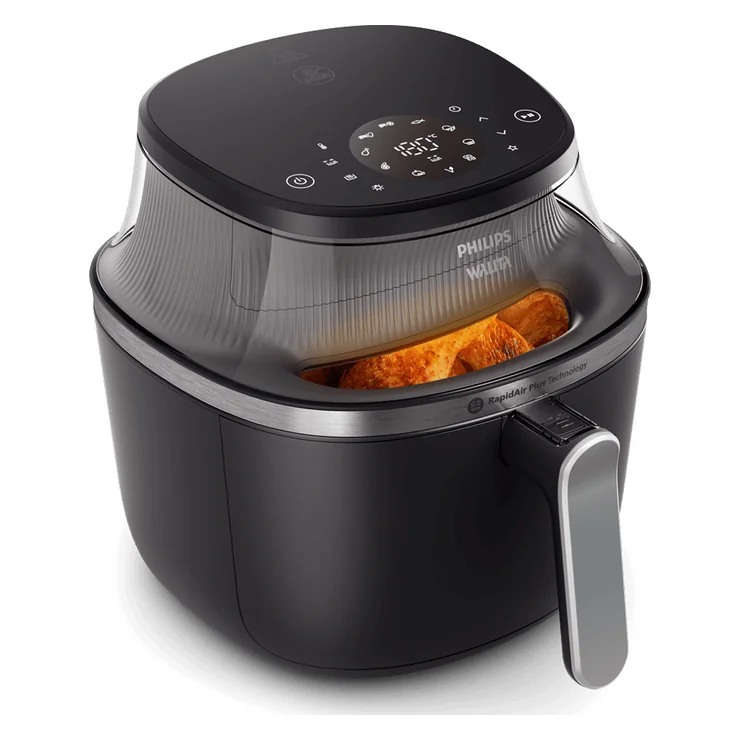 Airfryer Philips Walita NA341 preta com janela de visualização, em imagem de divulgação.