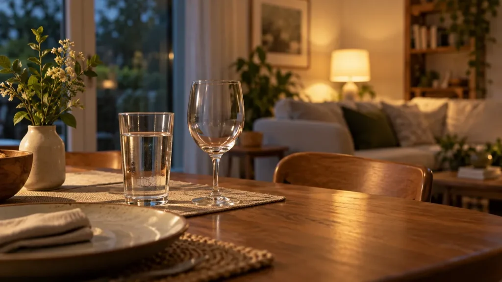 Copo com água e taça vazia sobre uma mesa à noite, em imagem ilustrativa sobre álcool e sono.