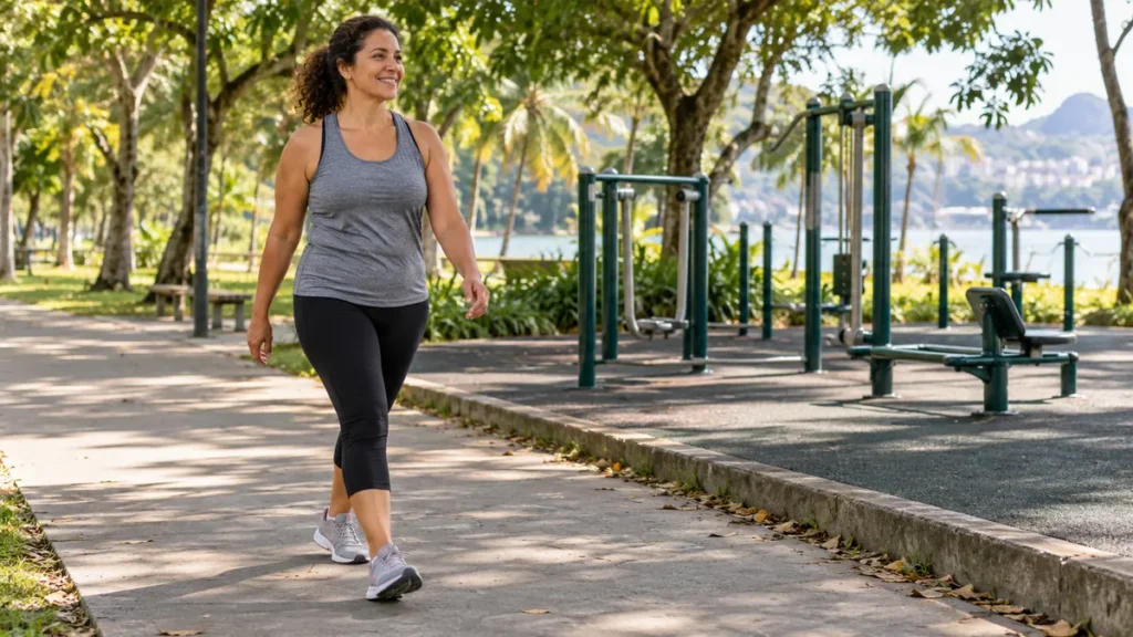 Mulher caminhando devagar perto de uma academia ao ar livre durante o aquecimento antes do treino.