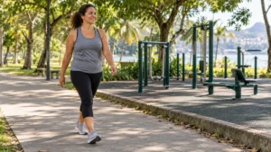 Mulher caminhando devagar perto de uma academia ao ar livre durante o aquecimento antes do treino.