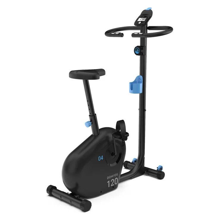 Bicicleta ergométrica vertical Domyos EB120 preta, em imagem de divulgação da Decathlon.