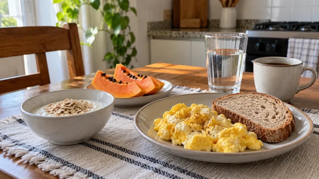 Pão com ovos, iogurte com aveia e mamão em uma mesa de café da manhã saudável.