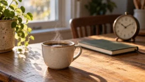 Xícara de café sobre uma mesa próxima da janela, com caderno e relógio ao fundo.