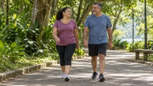 Homem e mulher fazendo uma caminhada para iniciantes em uma pista plana e arborizada.