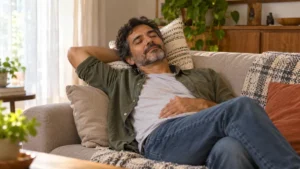 Homem descansando no sofá durante um cochilo durante o dia em uma sala tranquila.