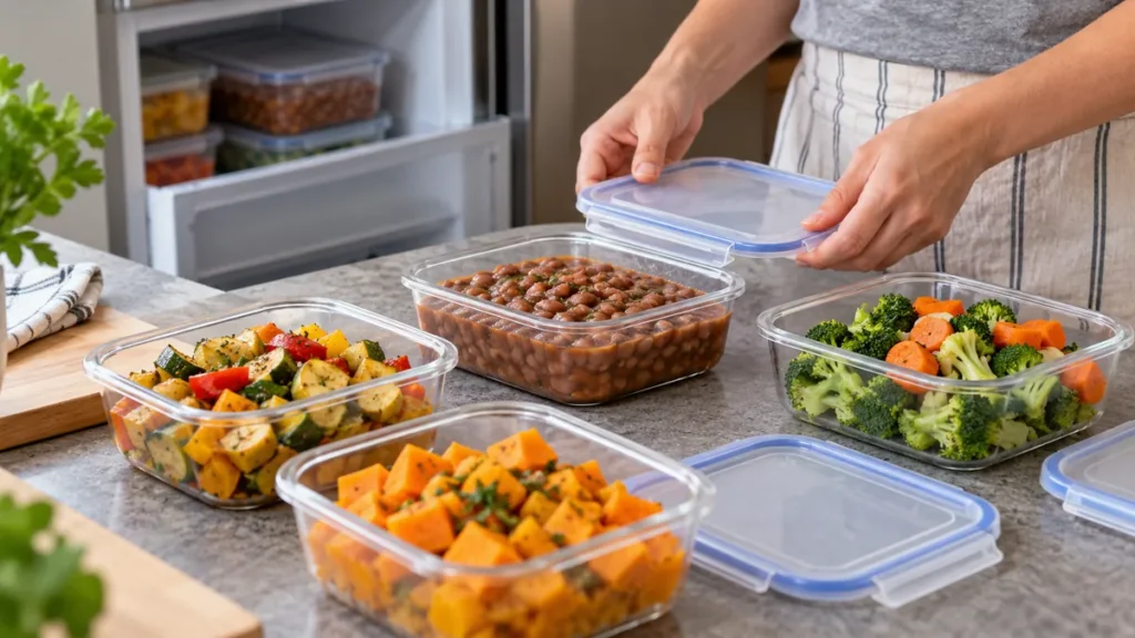 Recipientes com feijão e legumes preparados para congelar alimentos em porções.