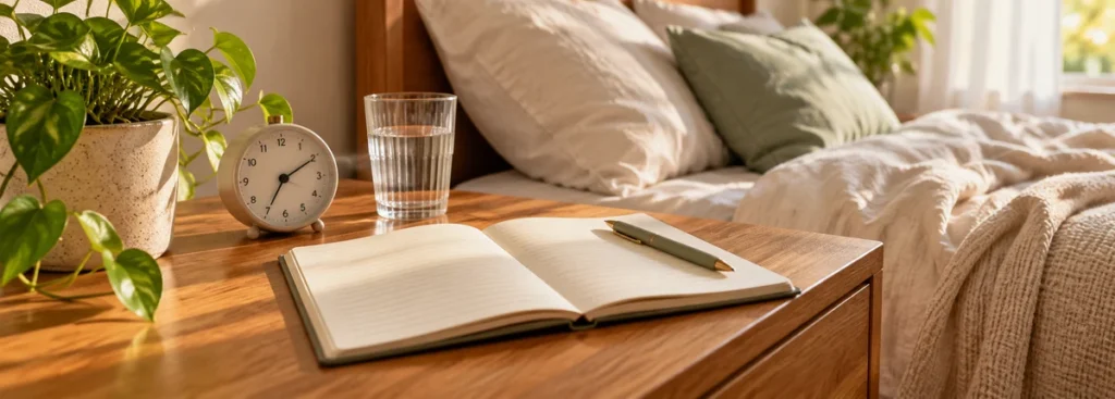Caderno aberto com caneta ao lado da cama para registrar um diário do sono, em imagem ilustrativa.