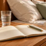 Caderno aberto com caneta ao lado da cama para registrar um diário do sono, em imagem ilustrativa.