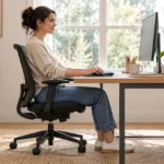 Pessoa trabalhando em mesa com monitor e teclado separados, em ilustração de ergonomia no home office.