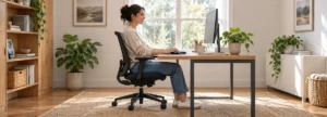 Pessoa trabalhando em mesa com monitor e teclado separados, em ilustração de ergonomia no home office.