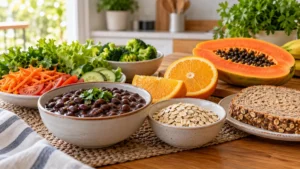 Feijão, aveia, pão integral, frutas e legumes como fontes de fibras na alimentação.
