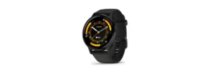 Garmin Venu 3 preto com pulseira de silicone, em imagem de divulgação.