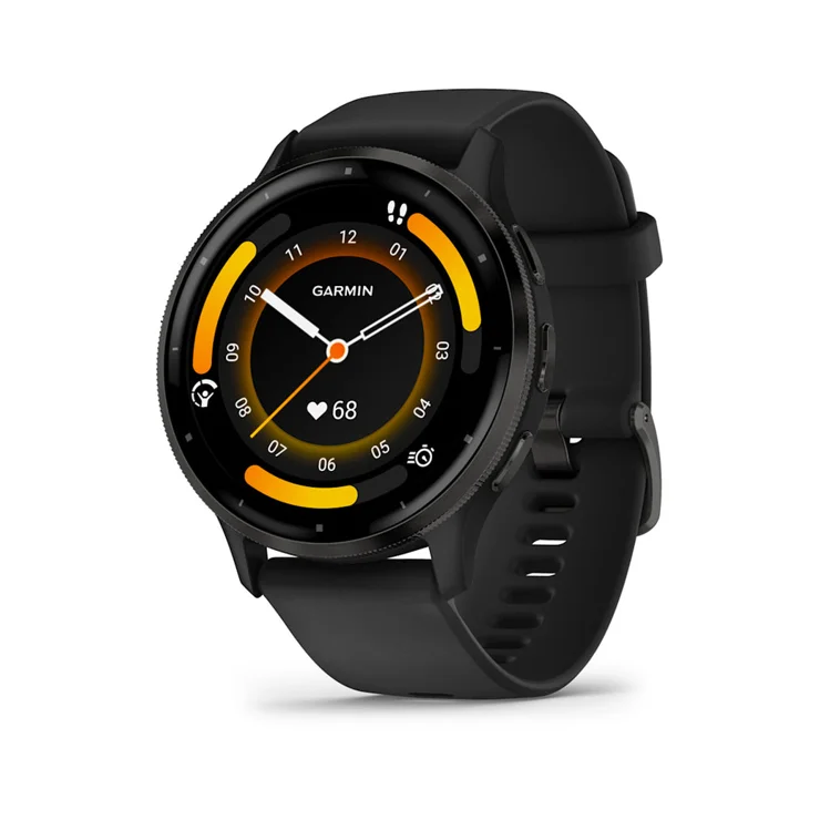 Garmin Venu 3 preto com pulseira de silicone, em imagem de divulgação.