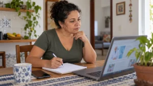 Mulher conferindo informações de saúde na internet no computador e anotando dúvidas em um caderno.