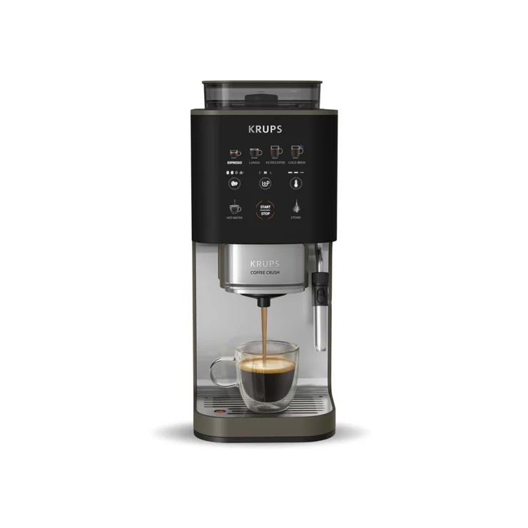 Cafeteira Krups Coffee Crush Experience CCE1 preta com bico vaporizador, em imagem de divulgação.