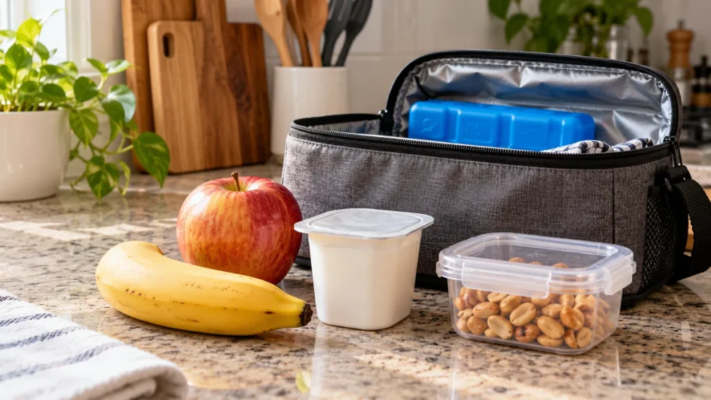 Frutas inteiras, iogurte e amendoim ao lado de uma bolsa térmica para levar ao trabalho.