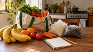 Sacola reutilizável, frutas, legumes e caderno para organizar uma lista de compras saudável.