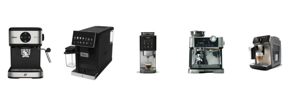 Cinco opções para escolher a melhor cafeteira espresso: Oster Double, Oster Superautomática, Krups Coffee Crush, Gallant Due Nero e Philips 4400.