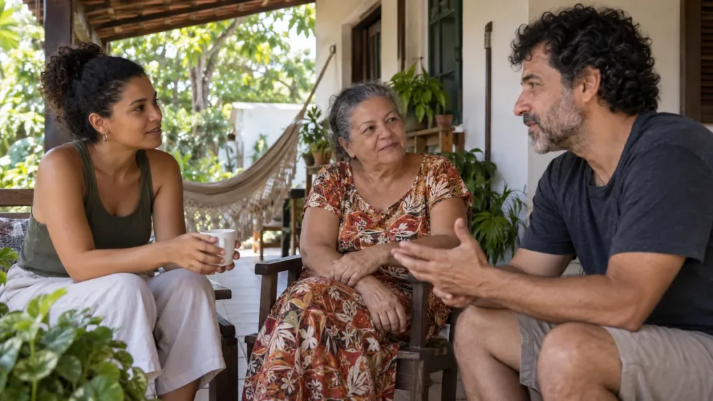 Três adultos conversando com atenção em uma varanda, ilustrando uma rede de apoio.