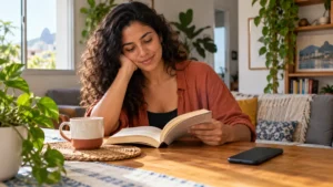 Mulher lendo um livro com o celular virado para baixo sobre a mesa, como alternativa para reduzir o tempo de tela.