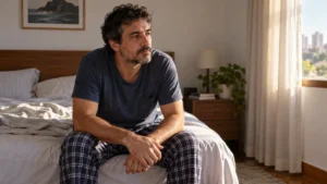Homem sentado na cama pela manhã, em imagem ilustrativa sobre ronco e apneia do sono.
