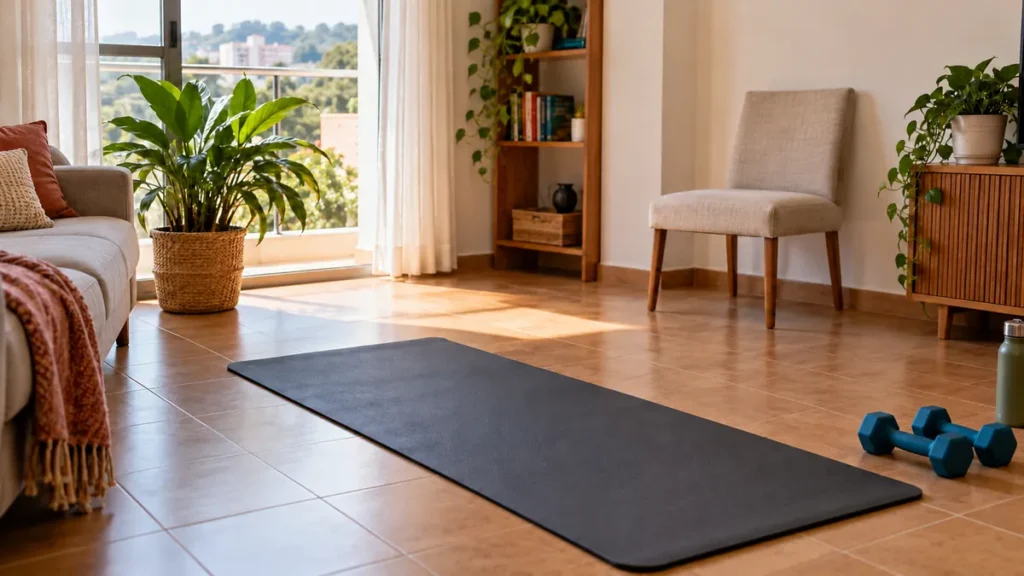 Espaço organizado para treino em casa para iniciantes, com colchonete, cadeira e halteres.