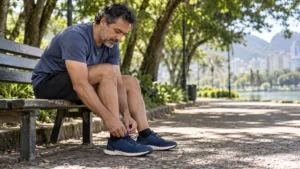 Homem ajustando o tênis em um banco de praça antes de voltar a fazer exercício.